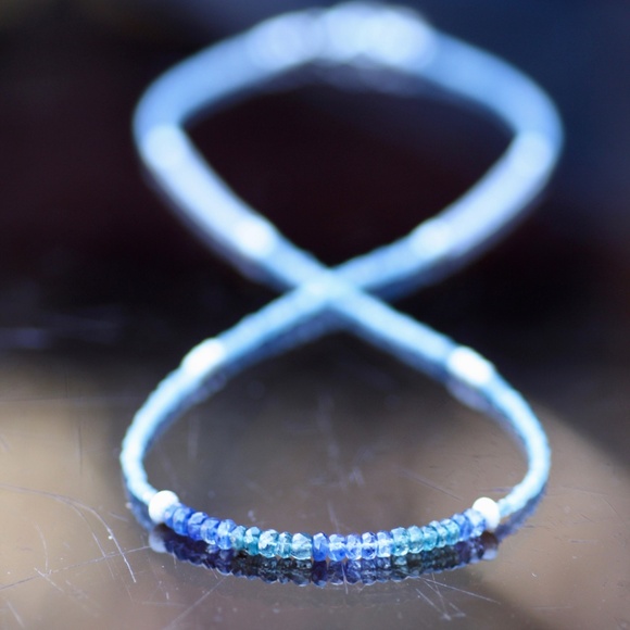 Natural Kyanite, Aquamarine Wrap Bracelet Convertible Necklace Sterling Silver - Picture 8 of 14